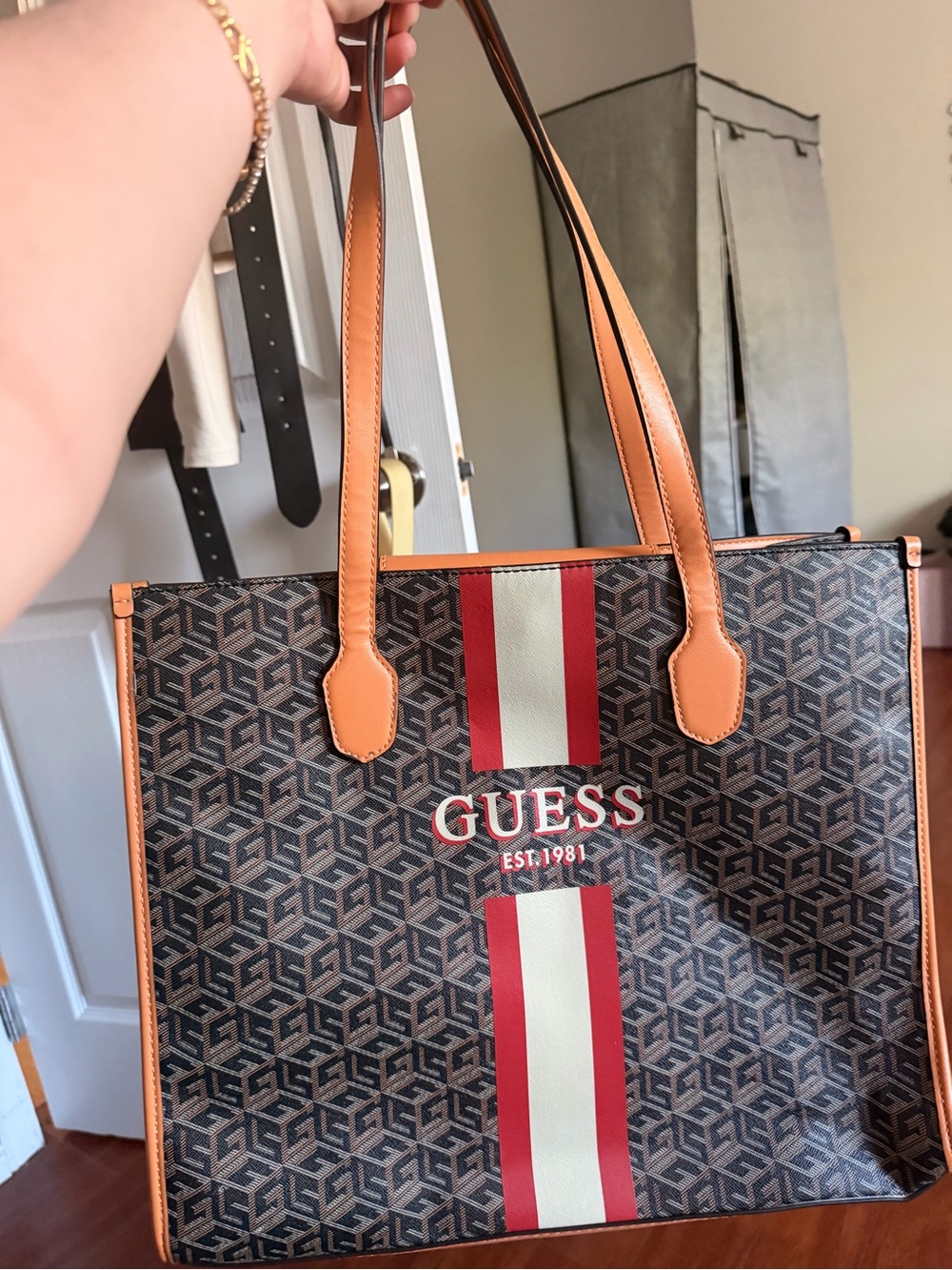 GUESS Brown Monogram Tote with Red & Cream Center Stripe